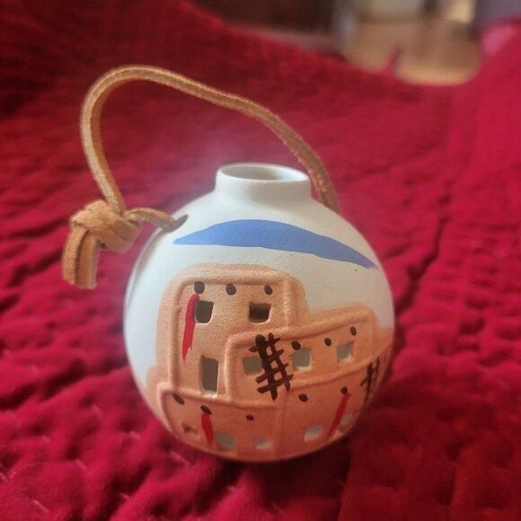 Handcrafted New Mexico Pueblo-Themed Ceramic Ornament With Leather Loop - Picture 2 of 10